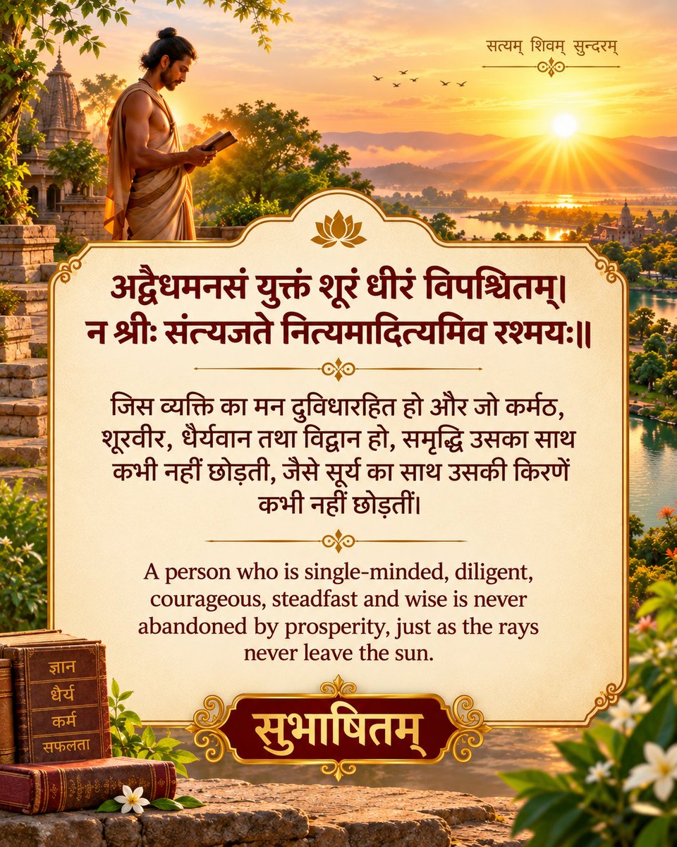 MyGovSanskrit's tweet photo. अद्वैधमनसं युक्तं शूरं धीरं विपश्चितम्।
न श्रीः संत्यजते नित्यमादित्यमिव रश्मयः॥
#MorningMotivation
#MorningMusings
#Subhashitani https://t.co/7WrkvpY3qh