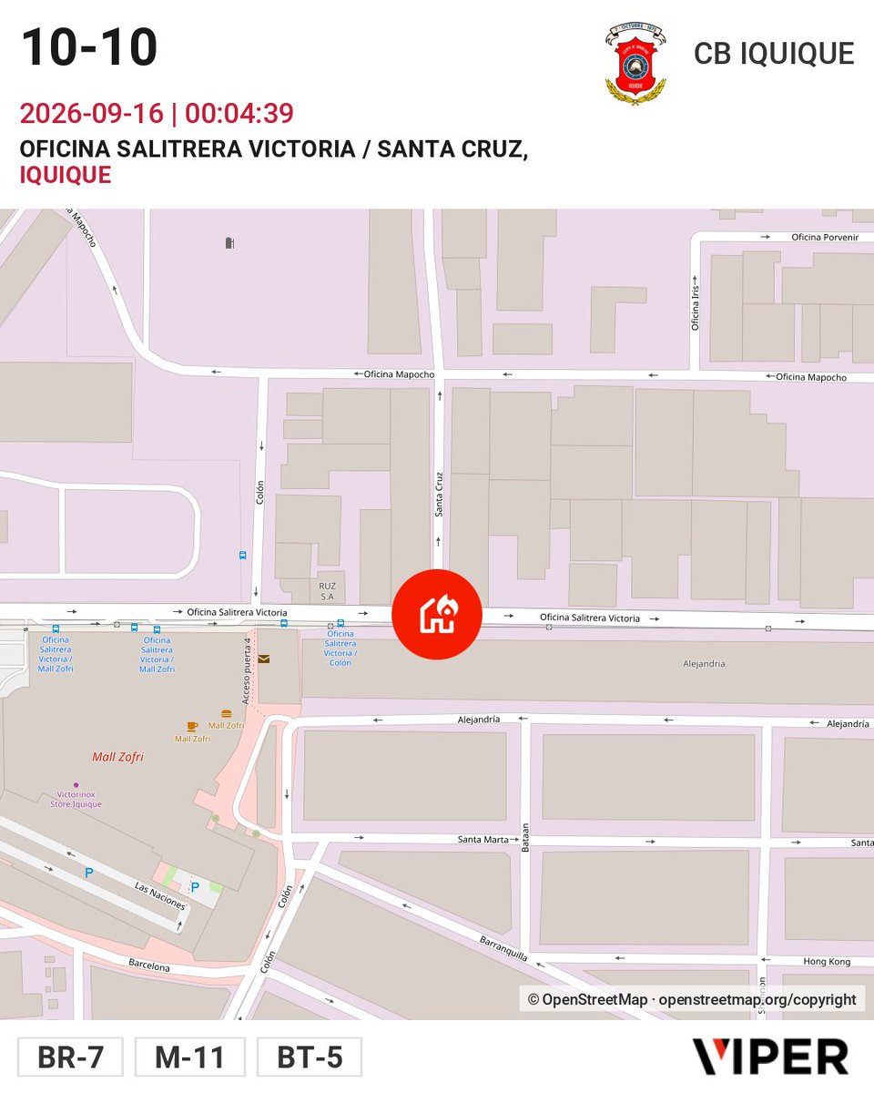 EmergenciaCBI's tweet photo. 10-10 OFICINA SALITRERA VICTORIA / SANTA CRUZ BR-7, M-11, BT-5 https://t.co/e9I3aQsigz