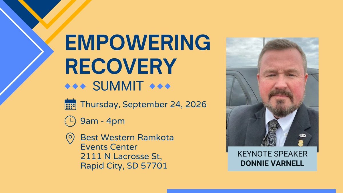 startsdprogram's tweet photo. START SD's 2026 Empowering Recovery summit will feature keynote speaker Donnie Varnell! #startsd #EmpoweringRecovery #recovery #CommunitySupport #SouthDakota Don't miss the chance to hear from him and other inspiring speakers at this FREE event: https://t.co/PAaf5U88JI https://t.co/tSbiTT9fmY