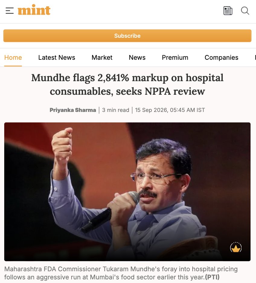 themahavir's tweet photo. This is such a good news.

Hospitals had  no one asking them questions so far.
No checks on how they price stuff. A check on 2841% markup without a choice of buying the same product from outside was OVERDUE.

Let's see how this goes, because the corporate hospital lobby is way stronger than most lobbies in India.

PS: I was wondering how Mr. Mundhe can put a check on hospitals, then I realized, that he is Commissioner, Food & **Drug** Administration.  Picture abhi baaki hain .
