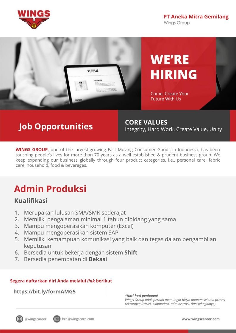 magnecareer's tweet photo. #LokerPam - PT Aneka Mitra Gemilang (Wings Group) - Admin Produksi - https://t.co/7A5HQGU80f https://t.co/n1TrOcf0IY