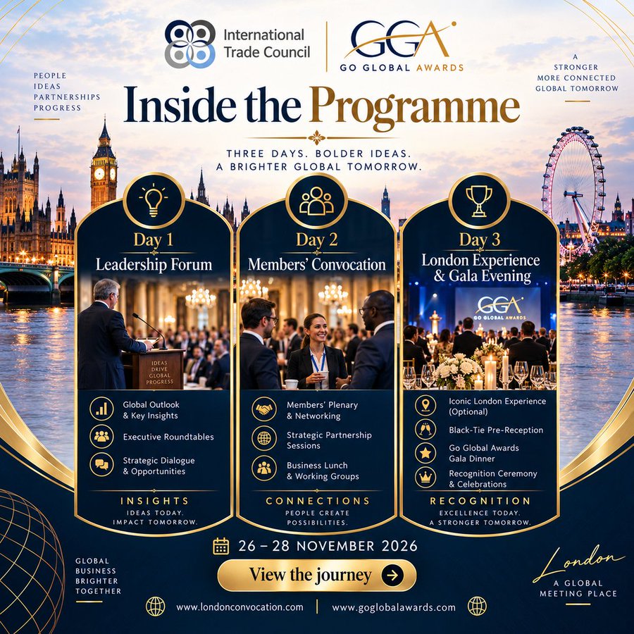 inttradecouncil's tweet photo. Join the International Trade Council Leadership Convocation in London, 26–28 November 2026, and be part of that exchange. https://t.co/3d15S9XBO5
#InternationalTradeCouncil #LeadershipConvocation #London #BusinessDialogue #GlobalBusiness #CrossSector #Leadership https://t.co/LJXIng7EXZ