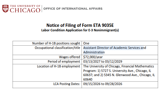 chrisbrunet's tweet photo. The University of Chicago (@UChicago) has just filed a notice of intent to hire an H-1B Assistant Director of Academic Services and Administration

Salary: $72,000

No American citizen was qualified for this job. https://t.co/6M76aiW6Uc