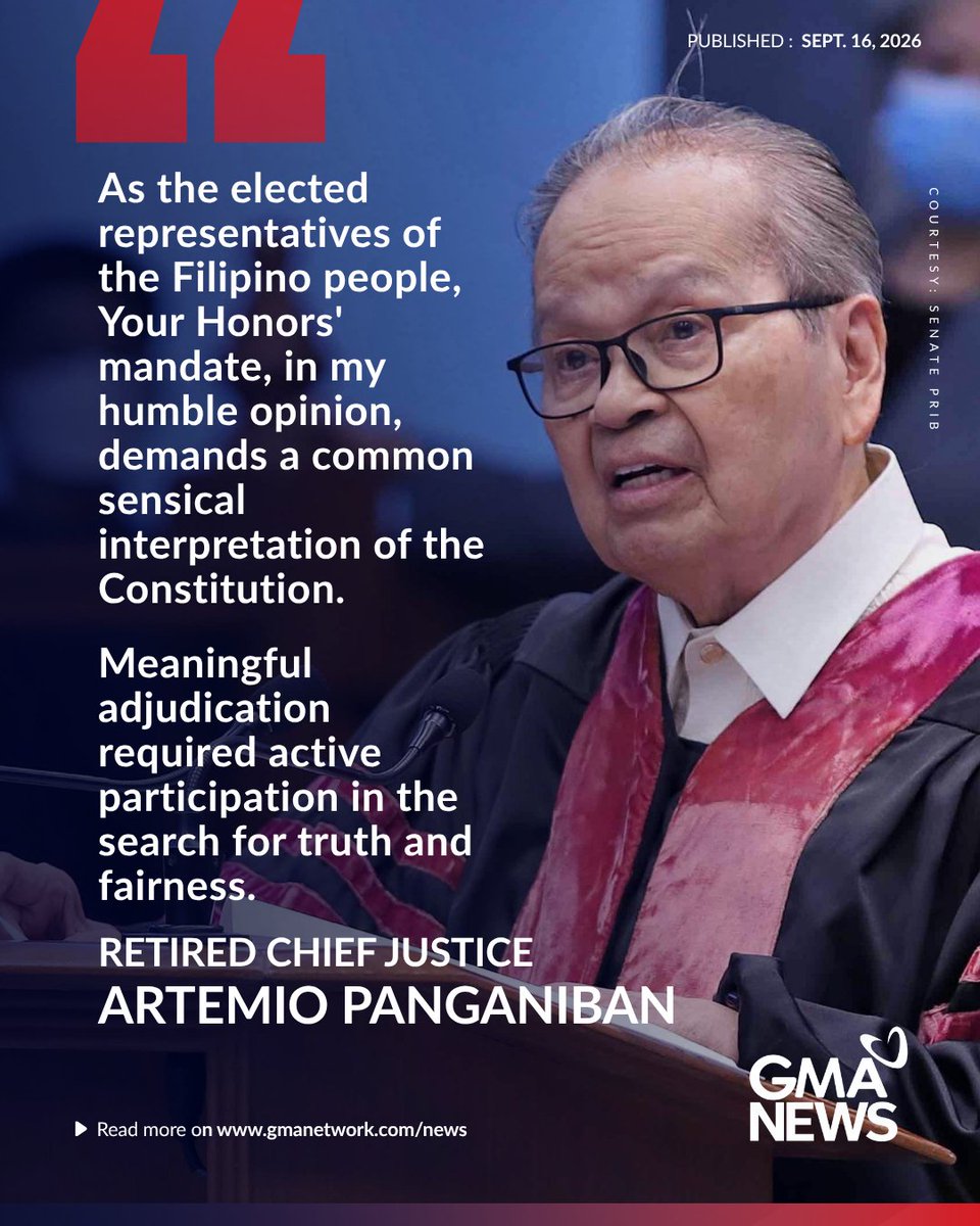 gmanews's tweet photo. 'IS IT TRUTHFUL AND FAIR TO ALLOW SENATORS DESPITE BEING ABSENT FROM THE PROCEEDINGS?'

Retired Supreme Court Chief Justice Artemio Panganiban, in his legal opinion, tackled the truthfulness and fairness of allowing the senators to vote in the impeachment trial of Vice President Sara Duterte despite being absent from the proceedings.

Panganiban further emphasized that "meaningful adjudication" required the active participation of the senator-judges in the search for truth and fairness.

Watch the live coverage of GMA News on the impeachment trial of Vice President Sara Duterte: https://t.co/jBBgu0nusS

Read updates here: https://t.co/GdRtIT1S9y