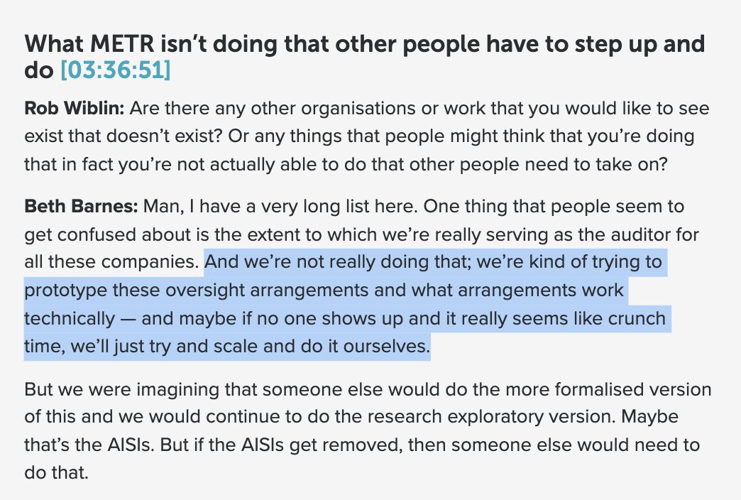 codytfenwick's tweet photo. Yeah, this was CEO Beth Barnes of METR back in June 2025. 

They don't see themselves and have never have seen themselves as the ultimate AI auditors. https://t.co/J2f3tS4wo1