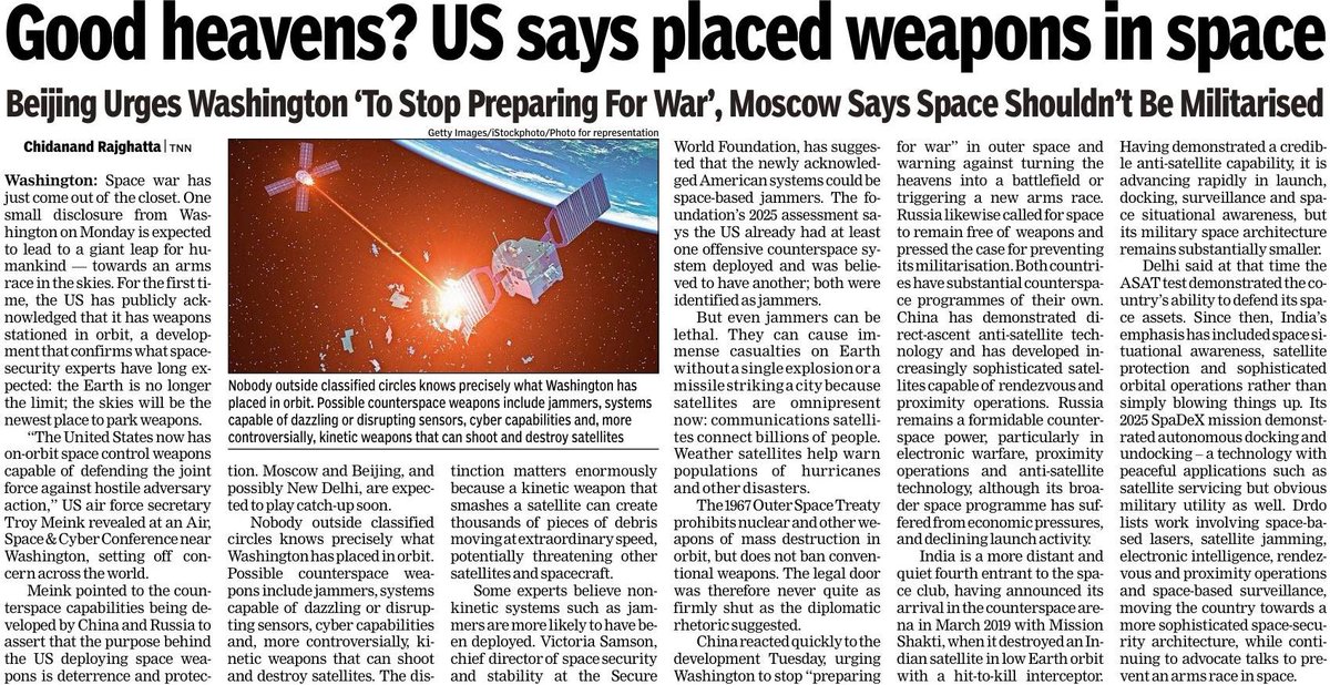 IamRajat_Pandit's tweet photo. The US admits it has placed #WeaponsInSpace!
That’s why India needs to augment its military capabilities for the #FinalFrontier. IAF has been talking about it for years (R) https://t.co/fkrW5knQkw