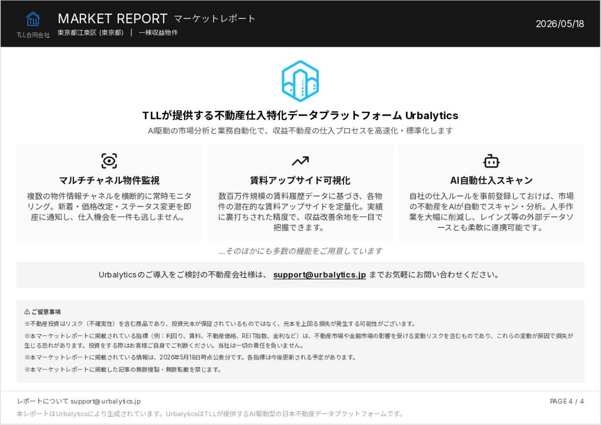 PomoplusB's tweet photo. 東京都江東区の一棟収益物件、2026年4月の市場レポート（東京都全体と比較）。期待利回りは江東区4.52%／都4.83%、単価81万円/㎡（都67万円）。在庫は前年同月比▲54.1%。詳細は画像で。 #不動産投資 #収益物件 #江東区 #Urbalytics https://t.co/3gwJquseCH