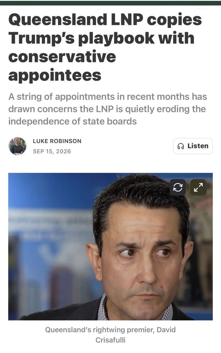 LyndaFrench19's tweet photo. #QldLNP #qldpol
Crisafulli govet has removed #Ausunion representatives from multiple #Queensland boards – and replaced them with conservative political appointees.
RW #AdvanceAustralia founder #JamesPower appointed to key #education post

https://t.co/KVSkTPWmP2
@Paula_Poulter1 https://t.co/7mPCfd2fqK
