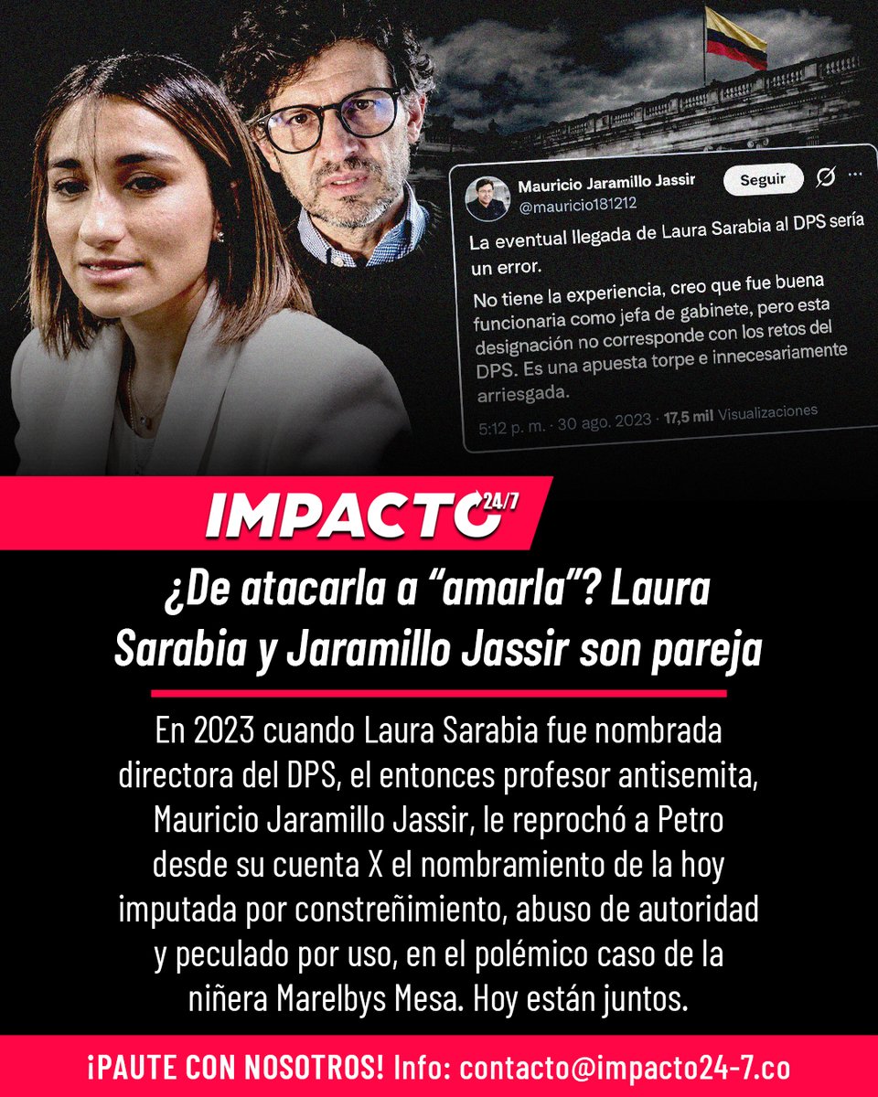 Impacto24_7's tweet photo. 🚨🇨🇴 PUERTA GIRATORIA | Fuentes informan que Laura Sarabia y Mauricio Jaramillo Jassir son pareja. Lo que podría parecer un chisme de pasillo adquiere interés público por sus antecedentes: pasaron de cuestionarse públicamente en X a convertirse en novios. Jaramillo Jassir fue subalterno de Sarabia y posteriormente su superior, cuando ella era embajadora y él vicecanciller; además, también estuvo involucrado en la turbia negociación de los pasaportes. Cabe resaltar que de un momento a otro, Sarabia empezó a apoyar la causa palestina pro Hamás, cuando nunca le dio importancia. 

En 2023 Jaramillo Jassir cuestionó a Petro por el nombramiento de Sarabia en el DPS. Hoy están juntos. ¿Qué secretos guardará del terrible Gobierno del Cambio?