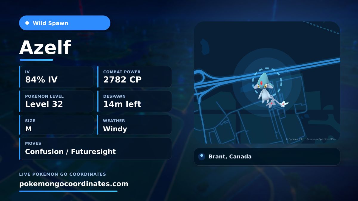 CoordsPokemonGo's tweet photo. A Lake Trio #Azelf appeared!
✨ 84% IV • 2782 CP • Level 32
⏱️ Despawns in 14m
📍 43.168224,-80.327882
#PokemonGO • #PoGo https://t.co/XSCodrzV40