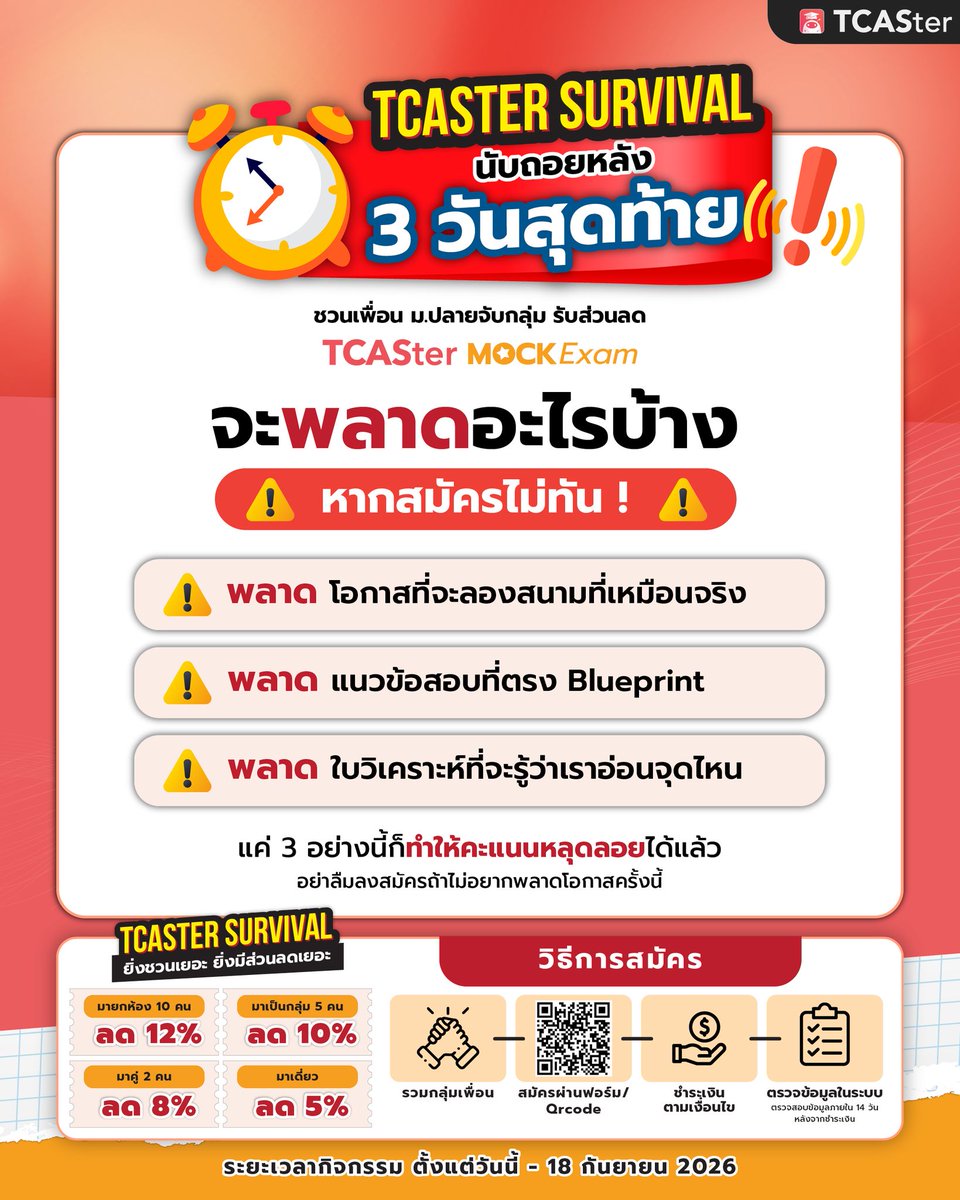 TCASterApp's tweet photo. 🚨 นับถอยหลัง 3 วันสุดท้าย! จะเกิดอะไรขึ้น...
หากสมัคร TCASter MOCK Exam ไม่ทัน
.
เหลือเวลาอีกแค่ 3 วันเท่านั้น น้อง ๆ ม.ปลาย และคุณ
พ่อคุณแม่ที่อยากเห็นลูก ๆ พร้อมที่สุดก่อนลงสนามจริง
.
#TCASter #TCASterMockExam #TCASTERsurvival
#DEK70 #DEK69 #TGAT #TPAT #ALevel
#สนามสอบจำลอง https://t.co/S3ZrC5LbwY