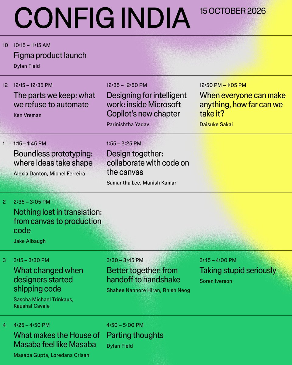 figma's tweet photo. Config India agenda just dropped 

A glance at your speakers:
→ @MasabaG
→ @soren_iverson
→ Daisuke Sakai
→ @parinishthaY
and more