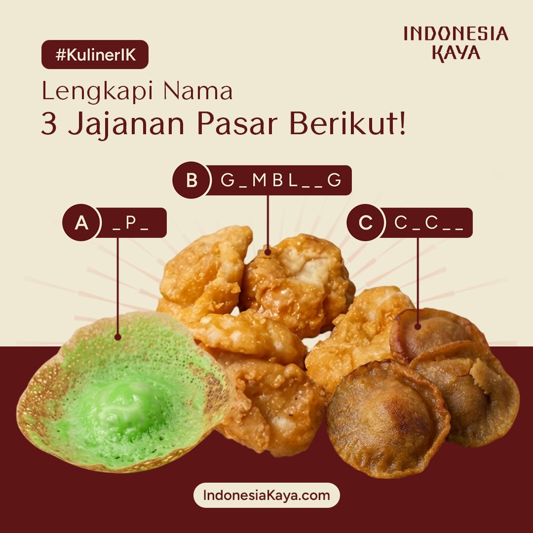 IndonesiaKaya's tweet photo. Sahabat IK, yuk ikutan #KuisIndonesiaKaya dan menangkan hadiah merchandise spesial dari Indonesia Kaya!✨

Comment jawabannya di bawah! 👇🏼

3 orang yang beruntung dengan jawaban tepat akan mendapatkan hadiah spesial dari Indonesia Kaya.✨ https://t.co/6qZLqfGtNA