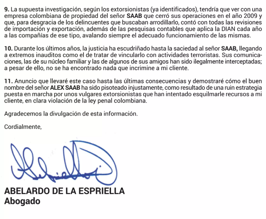 s444mud111o's tweet photo. @robertodeniz @ArmandoInfo Comunicado de Abelardo de la Espriella cuando fungía como abogado de Alex Saab en el año 2018.

Tomado de su perfil de Slideshare.
https://t.co/xLb9yEg1ZD https://t.co/g54QW1AE5M