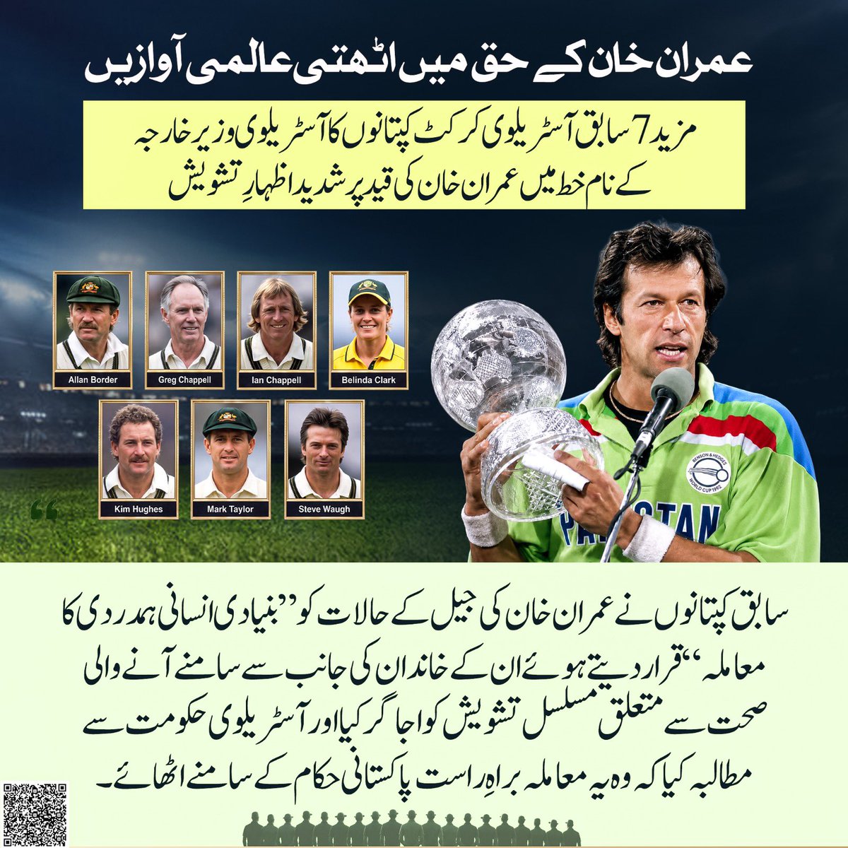 PTIofficial's tweet photo. عمران خان کے حق میں بین الاقوامی آوازیں مسلسل زور پکڑ رہی ہیں۔ آسٹریلیا کے مزید 7 سابق کرکٹ کپتانوں نے آسٹریلوی وزیر خارجہ کو خط لکھ کر عمران خان کی قید پر تشویش کا اظہار کیا ہے۔ انہوں نے اس صورتحال کو ’بنیادی انسانیت کا معاملہ‘ قرار دیتے ہوئے ان کی صحت سے متعلق خاندانی خدشات کو اجاگر کیا اور آسٹریلوی حکومت سے مطالبہ کیا کہ وہ یہ مسئلہ براہ راست پاکستانی حکام کے ساتھ اٹھائے۔

#مزاحمت_ہی_خان_کی_رہائی