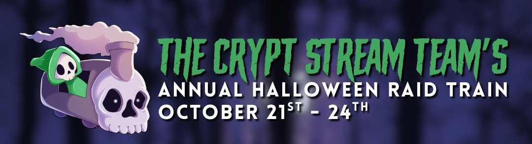 TheCryptTeam's tweet photo. 🎃SAVE THE DATE🎃
The Crypt's Annual
Halloween Raid Train
is coming!!

👻 FEATURING 👻
30+ horror streamers of The Crypt Stream Team
Halloween Costumes and Scary Vibes
Horror Games, Halloween Crafts, and More!

💀 DATES 💀
Wednesday, October 21st at 9:30am Pacific
to 
Saturday, October 24th at 10pm Pacific
*dates and times subject to change*
