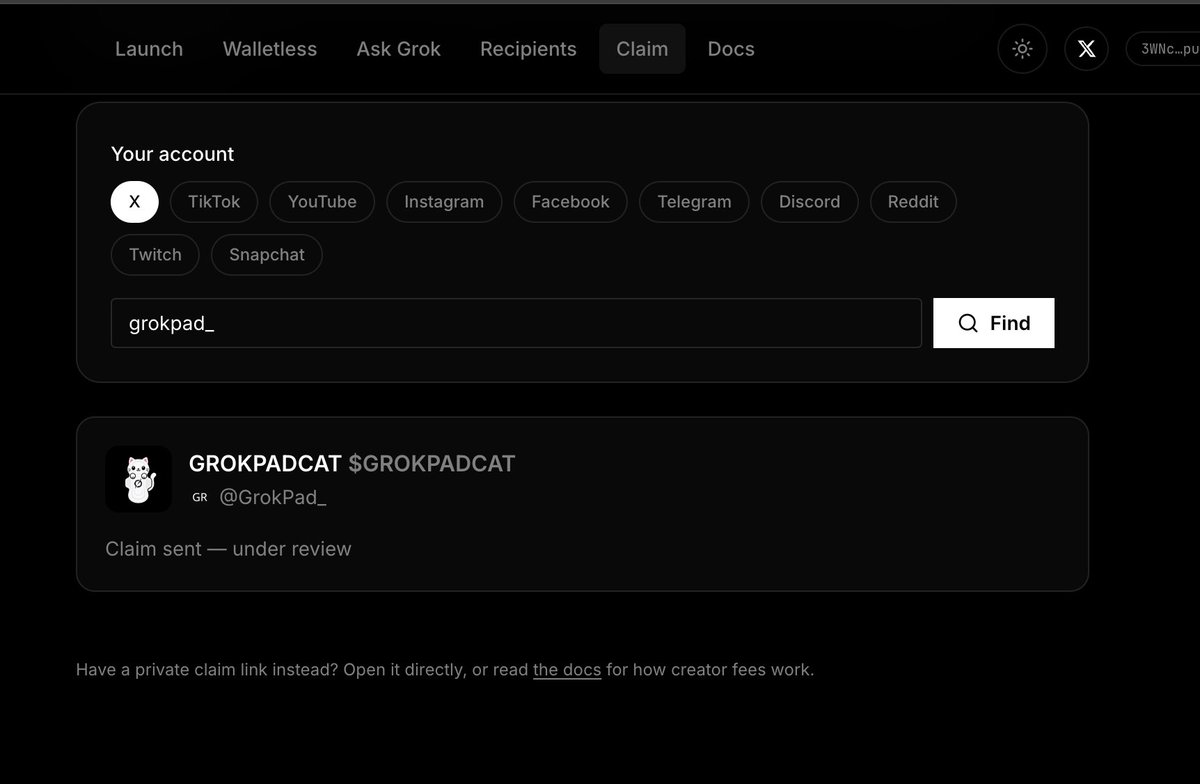 GrokPad_'s tweet photo. We have just claimed GrokPadCat

Its simple, to claim the person that the fees are being sent to need to post a code on their social platform

Then that is authenticated and verified.

Once that is done, they provide a wallet.

Then the fees are sent. https://t.co/NaDQKRoM8J