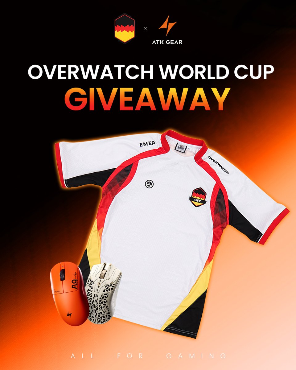 AtkGear's tweet photo. ATK Gear × Team Germany | OWWC 2026 Giveaway⚡
We're teaming up with the @OWTeamGermany  German Overwatch World Cup team to give away some epic prizes!
🎁 Prize Pool:
🖱️ 1× ATK A9 Dragonfly Air+ (Orange)
🖱️ 1× ATK Phantom Ultimate (Dune)
👕 1× Team Germany Official Jersey
Join here: https://t.co/THbl85mJeg
Good luck!
#goGER #OWWC #ATKGear #Overwatch #GamingGiveaway