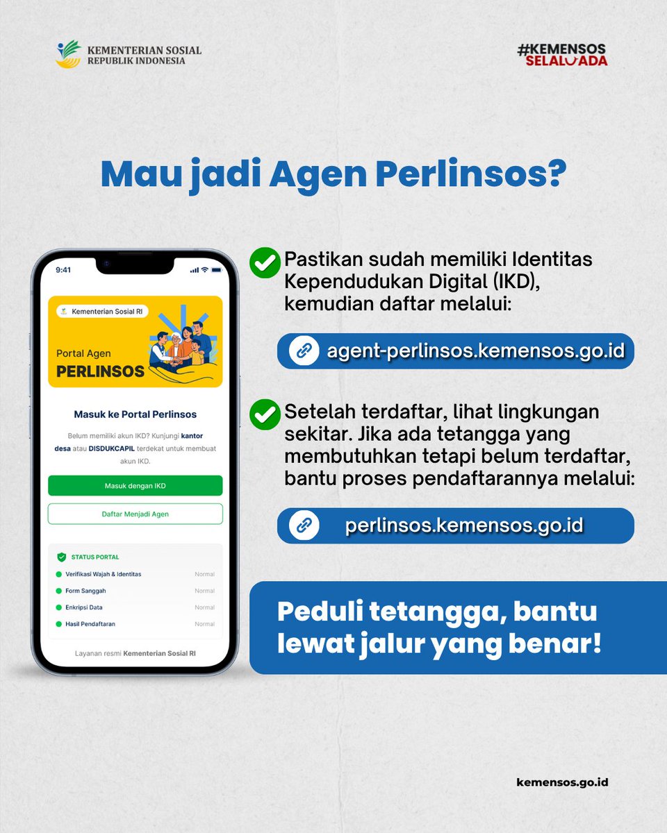 srt33tnj's tweet photo. Peduli tetangga, bantu lewat jalur yang benar! 🤝

Mau jadi Agen Perlinsos? Caranya mudah. Daftar melalui https://t.co/BYeWPchvwb, lalu bantu tetangga yang membutuhkan untuk melakukan pendataan dan pendaftaran perlindungan sosial. https://t.co/GNABDIPWu4