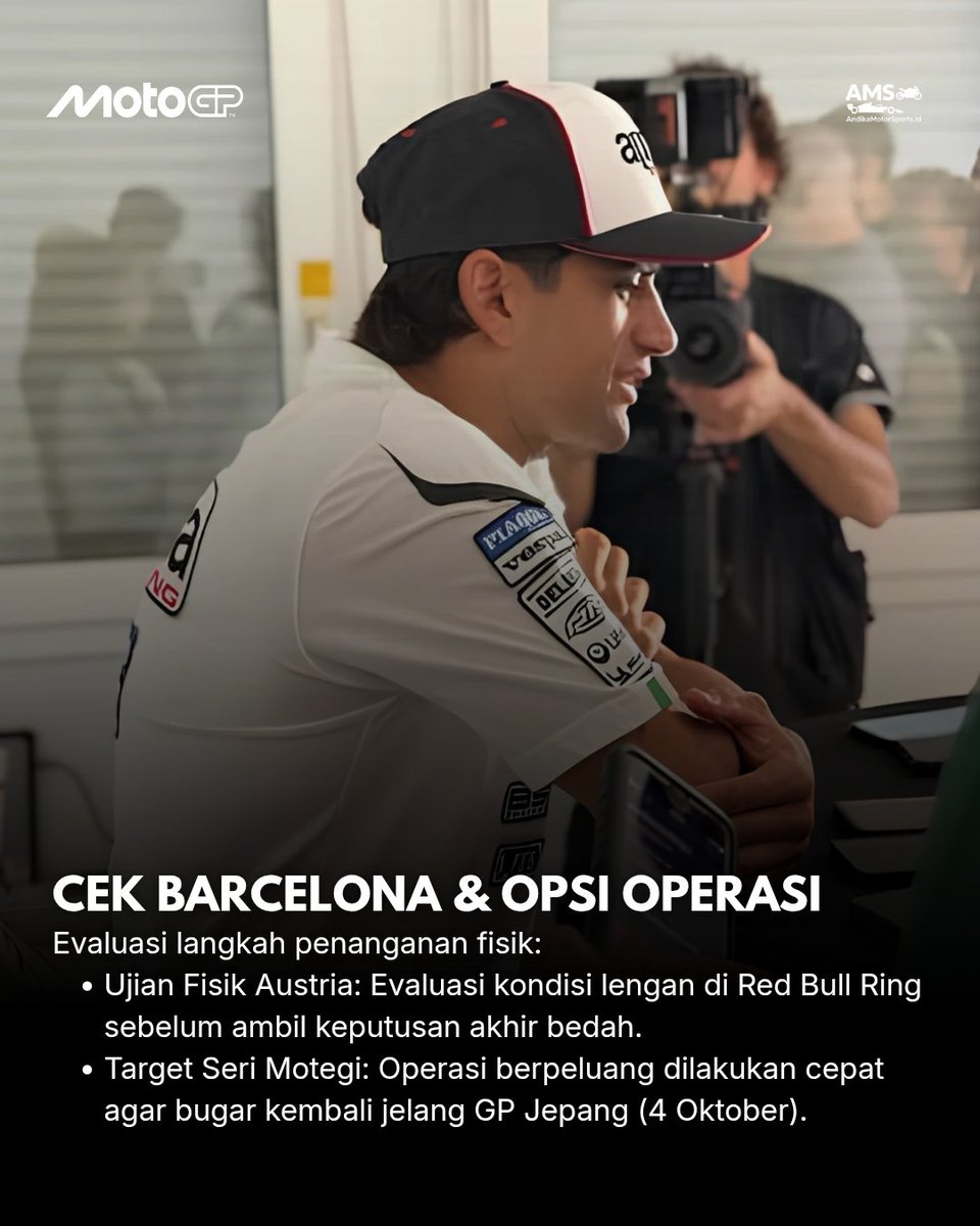 AndikaMS_id's tweet photo. DILEMA OPERASI ARM PUMP JORGE MARTIN!
Sempat pimpin balap di Misano, Martin merosot ke P5 akibat arm pump lengan kanan. Marc Marquez kini samai poinnya. Martin cek medis di Barcelona & timbang operasi usai GP Austria!
#MotoGP #JorgeMartin #MisanoGP #ApriliaRacing #AMS https://t.co/bgmPmXZ02I