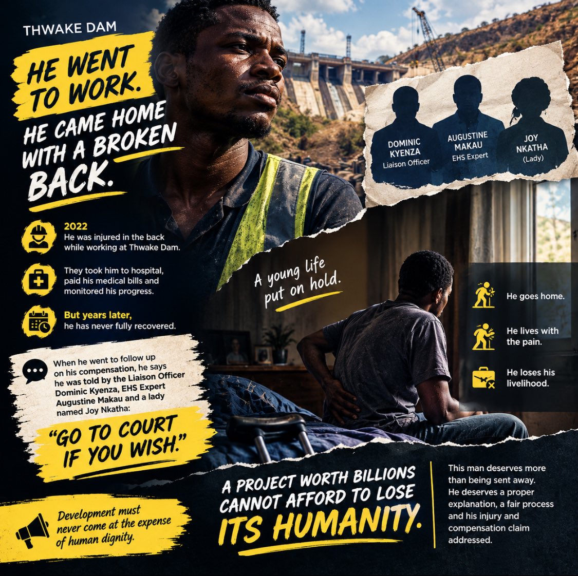 InsecurityKE's tweet photo. A young man injured his back while working at @ThwakeWater. Years later, he followed up on compensation &amp; was told: “Go to court if you wish.” Today, he sits at home, unable to fully recover or work. A young life put on hold. @MOWSI_KE @AfDB_Group is that how workers are treated? https://t.co/D78UfgMO3A