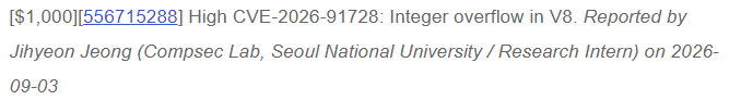 symsool9143's tweet photo. Another exploitable V8 integer overflow in 2026... 

It had been hiding there since 2021 for five years! :) https://t.co/R0EwGl9PcD