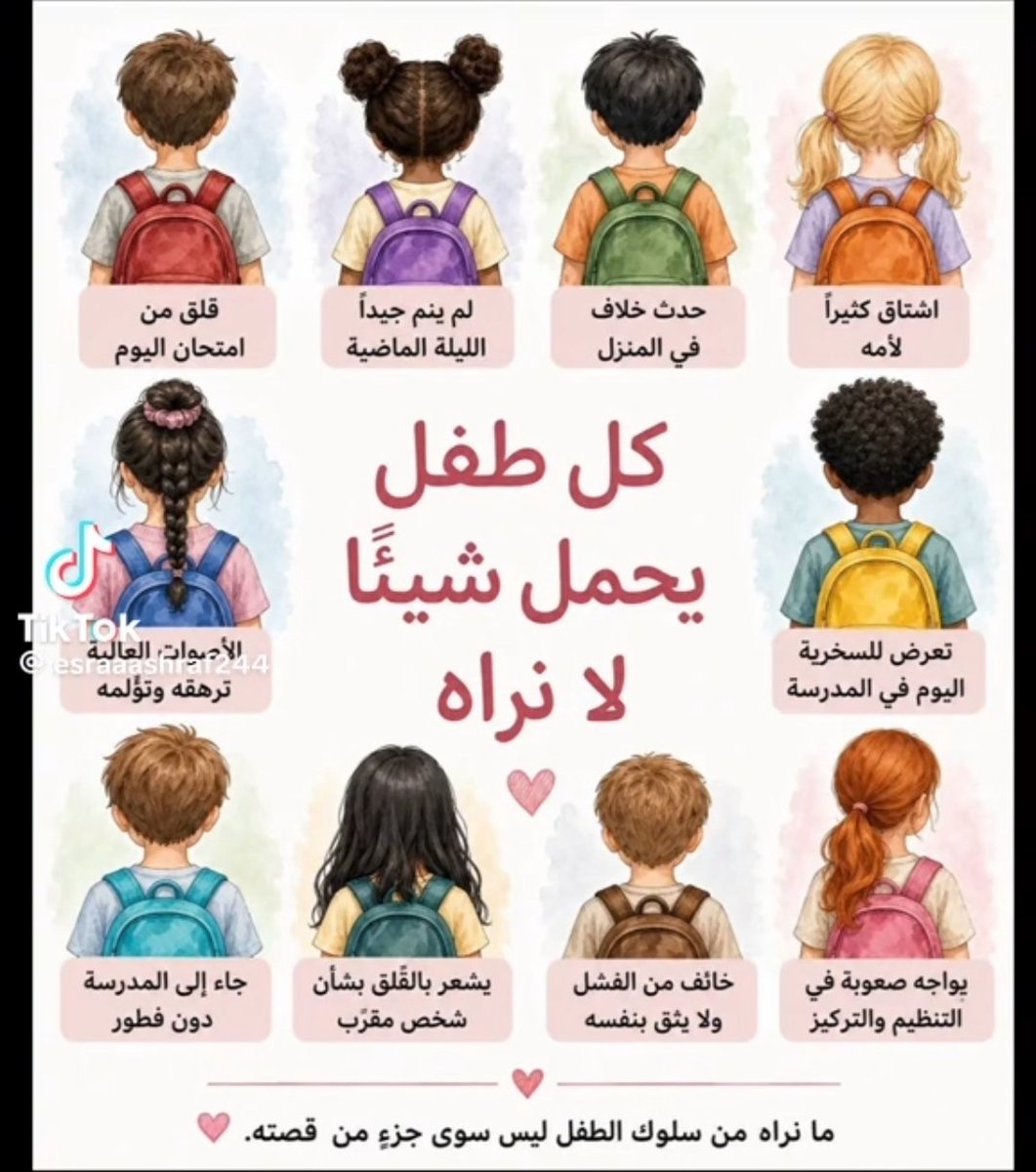 agilee_fowzia's tweet photo. مو كل طفل يسوى مشكلة معناه سوء تربية

مرات الطفل يجي المدرسة وهو شايل هم أكبر من عمره يمكن صار شيء في البيت يمكن ما نام كويس يمكن أحد ضايقه يمكن خايف أو مشتاق أو مو قادر يشرح اللي جواه

نحن غالبا نشوف التصرف ونوقف عنده لكن الأهم نسأل إيش اللي خلاه يتصرف كذا

أكيد الغلط له حدود والطفل يحتاج يتعلم الصح لكن قبل العقاب حاولوا تفهموا السبب

يمكن الطفل ما يعرف يقول أنا تعبان أو أنا خايف فيقولها بسلوكه

عشان كذا لا تحكموا على الطفل من موقف واحد

ورا كل سلوك حكاية وأحيانا الحكاية هي اللي تحتاج اهتمام أكثر من السلوك نفسه