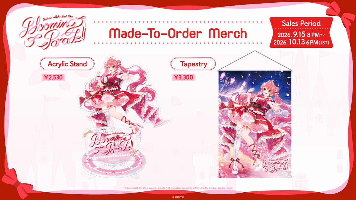 hololive_En's tweet photo. 🌸#SakuraMiko 2nd Concert🌸

Sakura Miko 2nd Concert “Blooming Parade!!”

Pre-orders for concert merchandise are open! ✨
Check the shop page for details! 📢

⏰Pre-Order Period⏰
September 15, 8PM JST - Octorber 13, 6PM JST

🔽Official Shop Website
https://t.co/MAsu6bNQJL

#咲き乱れみこち #hololive