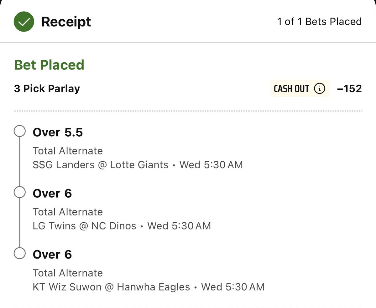GorkhaBets's tweet photo. โพ WAKE & CASH โ๏ธ
๐๏ธ 3-Pick KBO Overs Parlay (-152)
SSG/Lotte Over 5.5
LG/NC Over 6
KT Wiz/Hanwha Over 6
Stacking three KBO overs overnight ๐ด low bars to clear across the Korean slate wake up and cash ๐
#WakeAndCash #KBO #๋ฒ ํ
#์ผ๊ตฌ #Overs #BaseballBetting #Parlay #FreePicks #SportsBetting #SportsPicks #GamblingTwitter #BettingTwitter #GorkhaBets
Ayo Gorkhali! โ๏ธ