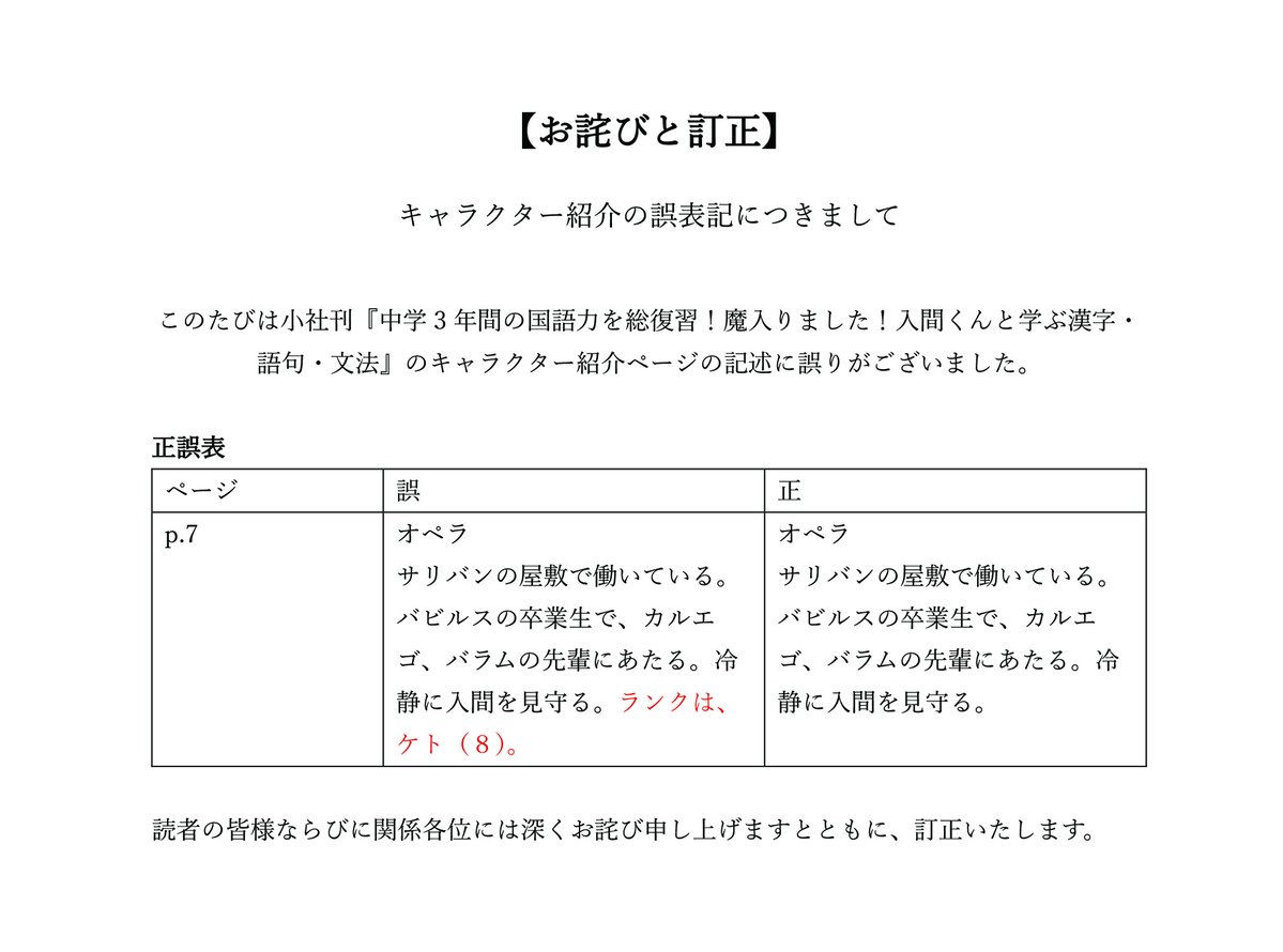 kadokawa_ls's tweet photo. 【お詫びと訂正】
『中学3年間の国語力を総復習！魔入りました！入間くんと学ぶ漢字・語句・文法』

9ページのキャラクター紹介ページの記述に誤りがございました。正しくは添付となります。

本件について、訂正とともにお詫び申し上げます。 https://t.co/m1f0RCUNxo