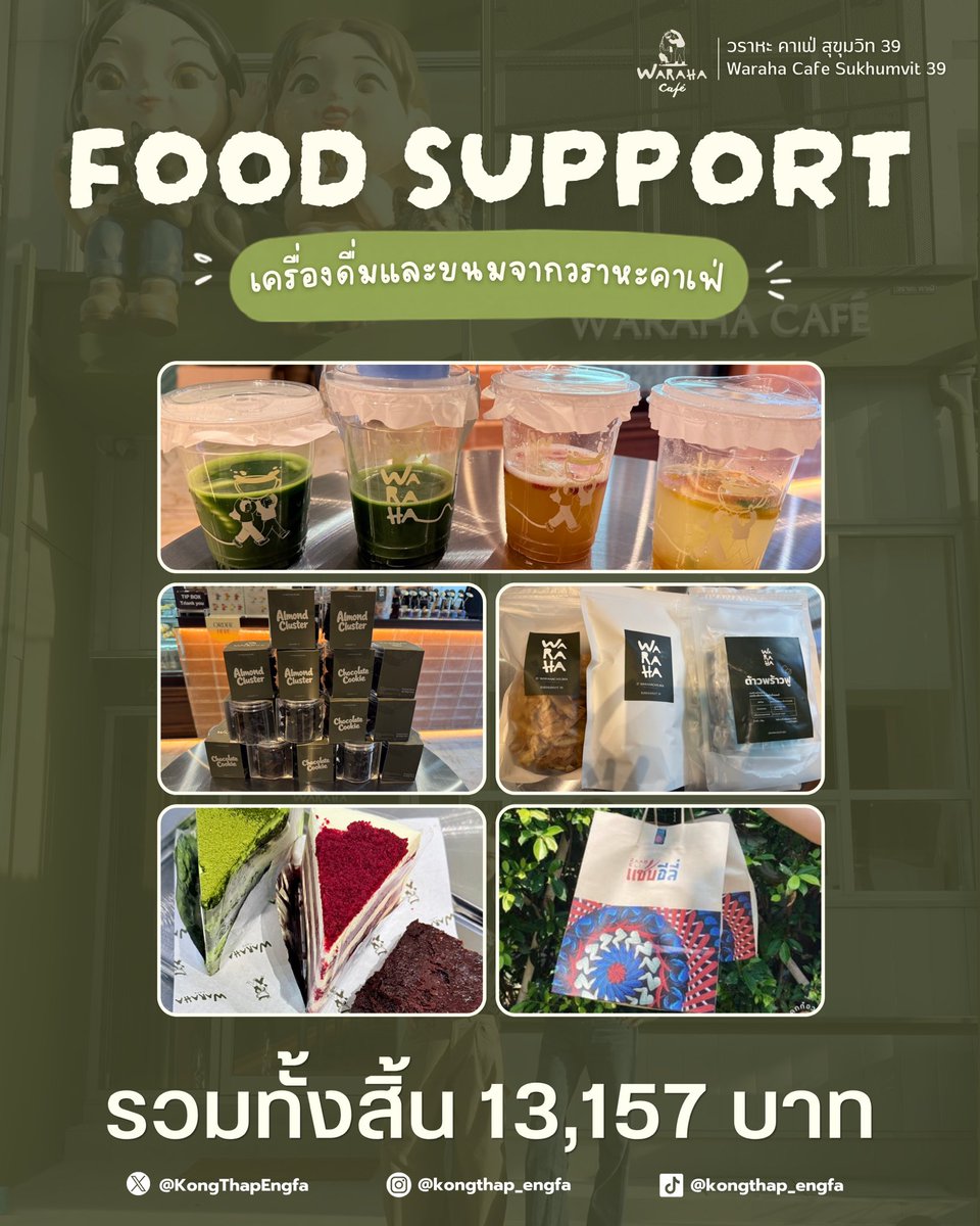 KongThapEngfa's tweet photo. 📣 Food Support - วันถ่ายทำซีรีส์ Murder In The Kitchen

เติมความสดชื่นให้อีกเช่นเคยกับเครื่องดื่มและขนมจากวราหะคาเฟ่ ที่กองทัพอิงฟ้าตั้งใจส่งกำลังใจให้พี่ฟ้าในวันนี้ และยังมีของแซ่บติดไปให้ด้วยค่ะ😊

ขอให้เป็นวันที่ดีนะคะพี่ฟ้า ขอให้การถ่ายทำราบรื่น ไม่มีอุปสรรค ทุกอย่างผ่านไปด้วยดีนะคะ…🤍🤍🤍

🥗แซ่บอีลี่
- ยำปูไข่ทะเลดอง 1
- ยำแซลม่อนไหลบัว 1 
- ยำกุ้งสดไหลบัว 1
- เเคปหมู 2
🥤เครื่องดื่ม
- Waraha on cloud 6 แก้ว
- ตัวจี๊ด 3 แก้ว
- เอ้ะ 3 แก้ว
- Matcha coconut 3 แก้ว
🍰ขนมเค้ก
- โมจิ บราวนี่ 5 ชิ้น
- มัทฉะเค้ก 5 ชิ้น
- Red velvet 5 ชิ้น
🍪ขนมทานเล่น
- Almond cluster 10 กระปุก
- คุกกี้ช็อคโกแลต 5 กระปุก
- Coconut fluffy 5 ห่อ
- Banana chips ออริจินอล 5 ห่อ
- Banana chips ซอสพริกศรีราชา 5 ห่อ

[รวมทั้งสิ้น 13,157 บาท]

ขอขอบคุณมัมหมีอิงอิงที่ร่วมสนับสนุนความสดชื่นในครั้งนี้ด้วยนะคะ ขอบคุณค่ะ🥹🙏🏻🤍

#กองทัพอิงฟ้า
#อิงฟ้ามหาชน
#EngfaWaraha