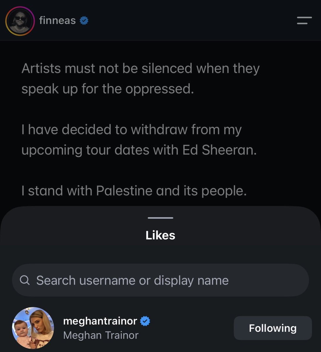 MeghanNews1's tweet photo. Meghan Trainor and her husband, Daryl Sabara, have liked posts from Ed Sheeran’s openers announcing their withdrawal from his tour in support of Palestine. https://t.co/4O0SlPaP91