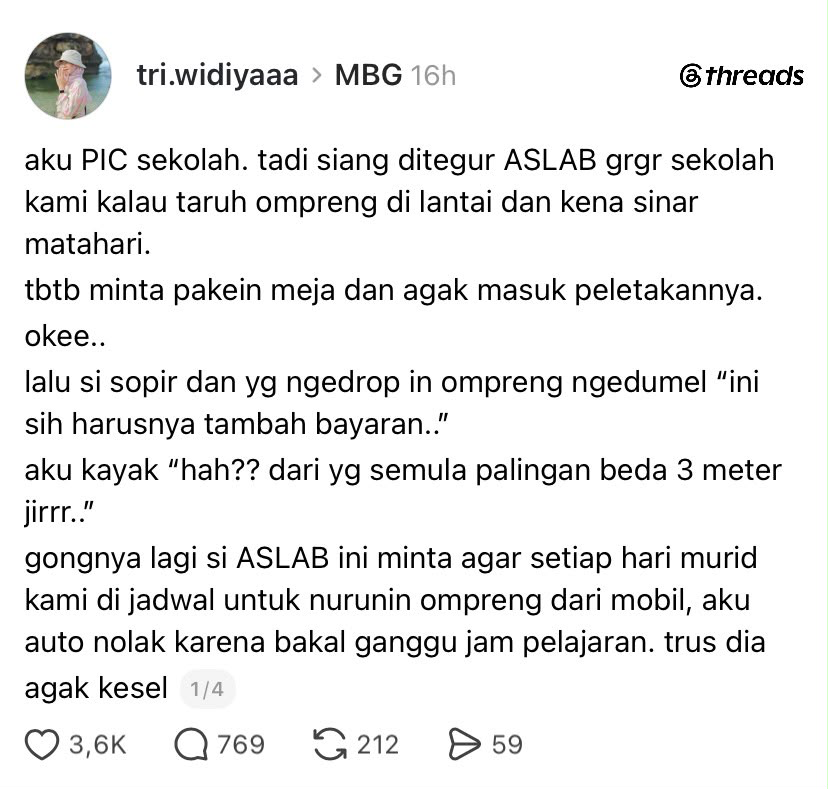 LambeSahamjja's tweet photo. curhatan jadi pic mbg di sekolah:
- dia ditegur petugas aslab 
- karena ompreng ditaruh di lantai dan kena matahari
- tiba2 diminta pakai meja dan ditaruh agak ke dalam, 
- dia iyakan
- sopir dan tukang antar malah ngedumel minta tambah bayaran padahal cuma geser 3 meter
- puncaknya aslab minta murid dijadwal tiap hari nurunin ompreng dari mobil
- dia tolak karena ganggu jam pelajaran
- petugasnya kelihatan kesal dan bilang sekolah lain sudah begitu
- dia protes, nurunin ompreng kan tugas orang pengiriman
- kenapa dibebankan ke murid
- dia juga nyindir dapur mbg isinya orang baru kerja tapi songong