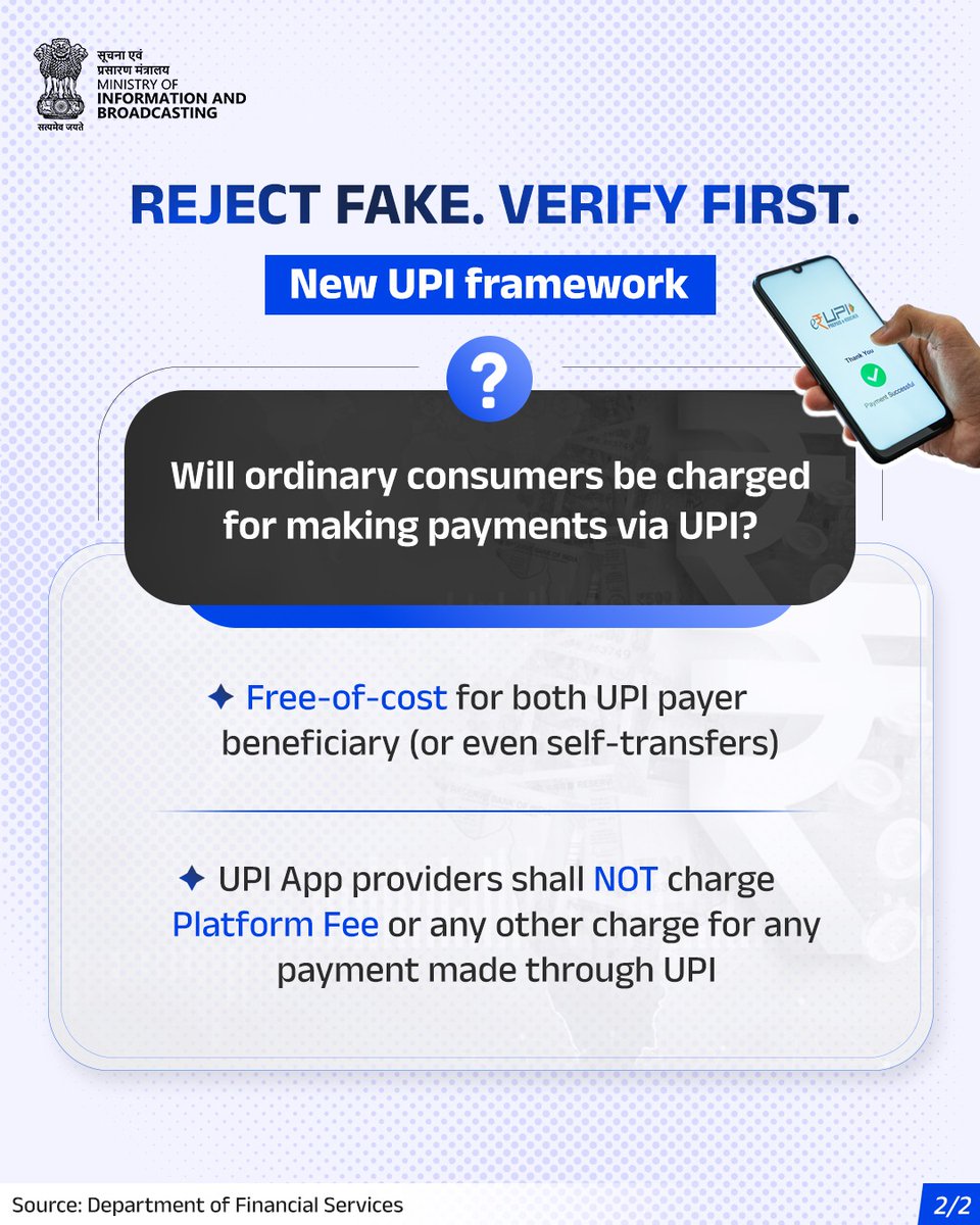 MIB_India's tweet photo. UPI payments remain free for consumers, with the new framework continuing to protect free transactions for both payers and beneficiaries. The framework also clarifies that UPI app providers cannot charge users a platform fee or other charges for payments made through UPI.

#KnowTheFacts #UPIUpdates