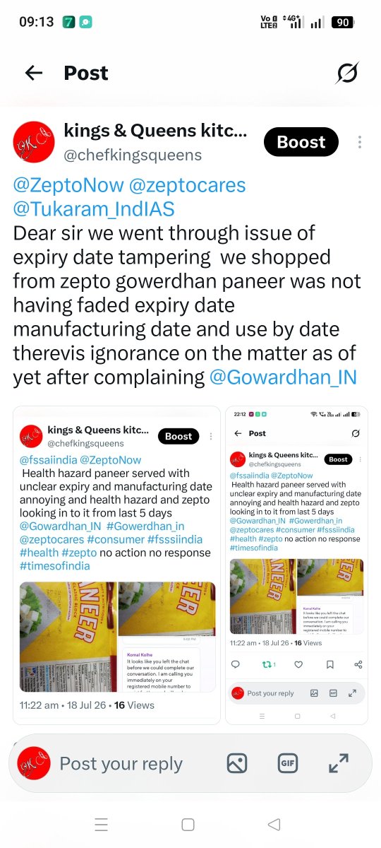 chefkingsqueens's tweet photo. @ZeptoNow @zeptocares
@Tukaram_IndIAS 
Dear sir we went through issue of expiry date tampering  we shopped from zepto gowerdhan paneer was not having faded expiry date manufacturing date and use by date therevis ignorance on the matter as of yet after complaining @Gowardhan_IN https://t.co/dn5nVvdeUt