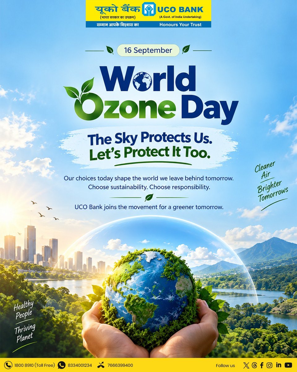 UCOBankOfficial's tweet photo. The sky protects us. Let’s do our part to protect it too. 🌍

This World Ozone Day, let’s make conscious choices for cleaner air, a healthier planet and a greener tomorrow.

#UCOgoesdigital #Ucobank #WorldOzoneDay #ProtectOurPlanet https://t.co/JQsLlFhGgX