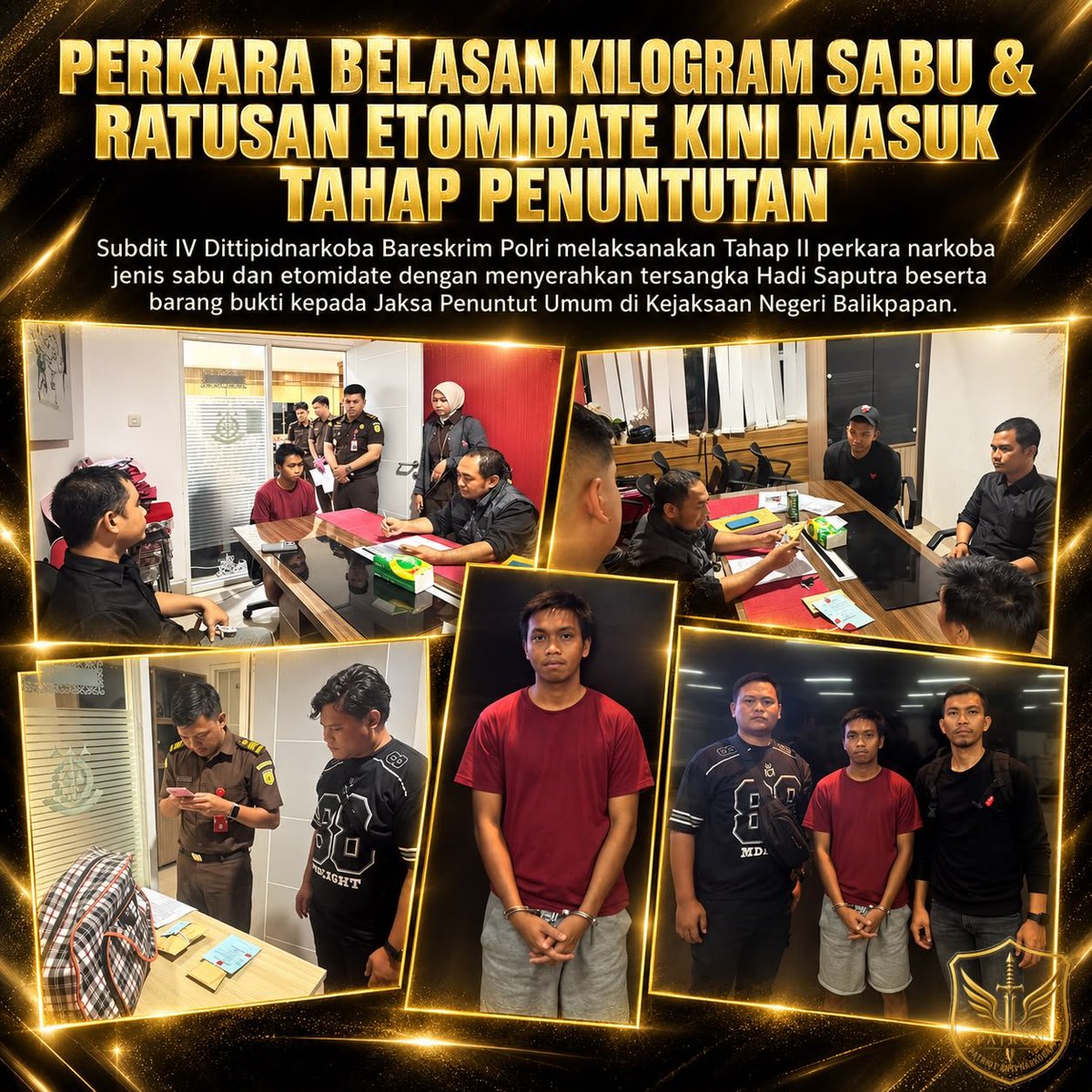 patron_id's tweet photo. Kasus belasan kilo sabu plus ratusan etomidate udah resmi masuk tahap penuntutan. Tersangka Hadi Saputra bareng barang bukti diserahin Subdit IV Dittipidnarkoba Bareskrim Polri ke Kejari Balikpapan.

@muannas_alaidid

#PATRON #LawanNarkoba #DittipidNarkoba #BareskrimPolri https://t.co/SFJAaQerBU