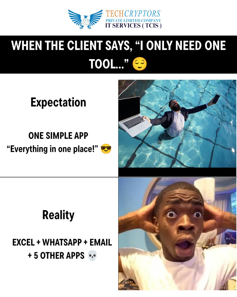 TechCryptors's tweet photo. “I only need ONE tool…” 😌
Then Excel + WhatsApp + Email enter the chat. 😂💀
🚀 One Custom System. Zero Chaos.
💻 CRM | ERP | Custom Software

📩 DM us today!

📞 Contact us on: https://t.co/SZ5auIx6W5
📧 Email: sales@techcryptors.services
🌐 Website: https://t.co/b1eBnzoXL9 https://t.co/dpDMfPuAWU