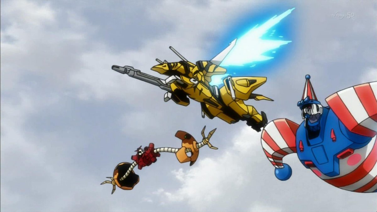 tanimeso's tweet photo. 大阪にバンダイのガンプラ工場ができるらしい
横になんかガン��ムの立像をたてよう
ビルドファイターズの多分大阪系のチームで出てきたこのメンツがすごい好きだからここからこう（無理
特にたこ焼きを模したウォルターガンダムが秀逸だと思うんだよね　ボディが開いた中身が具のタコになってる https://t.co/5xcifIUCQZ