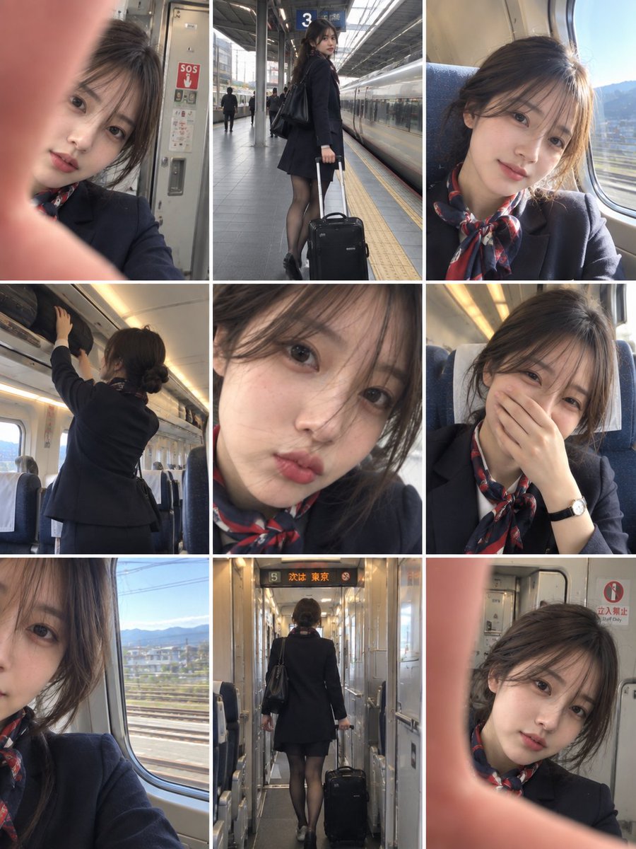 saniaspeaks_'s tweet photo. GPT image 2.5 via higgsfield 

Prompt

ULTRA-REALISTIC CASUAL SMARTPHONE PHOTO COLLAGE, vertical 3:4, consisting of 9 separate candid snapshots arranged in a clean 3×3 grid, capturing the same young East Asian female train attendant during a normal workday aboard a modern passenger train.

Keep the same woman, same facial features, same hairstyle, same overall appearance, and same uniform consistently across every panel. She has dark brown hair neatly tied into a low bun, delicate natural features, subtle makeup, and a youthful appearance.

She wears a professional dark navy train-attendant uniform, a fitted blazer or elegant uniform dress, a red-and-navy patterned neck scarf, a small gold name badge, dark stockings, and simple professional shoes. Her appearance is polished but natural.

Panel 1: accidental close-up smartphone selfie inside the train vestibule, with one finger partially covering the lens, slightly blurry and imperfect, train doors and safety signage visible behind her.

Panel 2: full-body candid shot of her walking through the narrow train aisle while pulling a small black rolling suitcase, slight motion blur, passengers and rows of seats softly visible in the background.

Panel 3: close-up selfie from a train seat beside the window, bright natural sunlight entering through the glass and slightly overexposing part of her face, relaxed expression and casual framing.

Panel 4: candid rear/side view of her standing inside the train carriage while reaching toward an overhead luggage compartment, showing her neat low bun, uniform silhouette, and professional posture.

Panel 5: extremely close casual selfie, her face filling most of the frame with a few loose strands of hair crossing her face, soft focus, slightly imperfect smartphone exposure, playful natural expression.

Panel 6: candid seated selfie inside the train, one hand covering her mouth while laughing, wearing a simple wristwatch, warm carriage lighting, genuine spontaneous moment.

Panel 7: close-up side selfie beside a large train window, railway platform and another train visible outside, natural daylight, slightly cropped face and realistic reflections on the glass.

Panel 8: candid rear view of her walking through the train carriage toward another section, slight motion blur, overhead luggage racks, seats, doors, and realistic train interior details visible.

Panel 9: close-up accidental selfie inside the train vestibule, part of her finger covering the camera lens, playful imperfect framing, realistic train door controls and safety equipment behind her.

The whole collage should feel like real personal smartphone memories from a train attendant's workday, not professional photography. Use inconsistent framing, slight motion blur, accidental cropping, mild lens distortion, subtle exposure variations, realistic carriage lighting, soft focus, natural skin texture, authentic facial expressions, and small photographic imperfections.

No polished studio look, no artificial beauty filter, no plastic skin, no CGI appearance. Raw everyday smartphone photography, authentic behind-the-scenes train-attendant photo diary, realistic modern passenger train interior, spontaneous candid moments, consistent character across all 9 panels, thin white dividers between panels, clean 3×3 grid, vertical 3:4 aspect ratio.