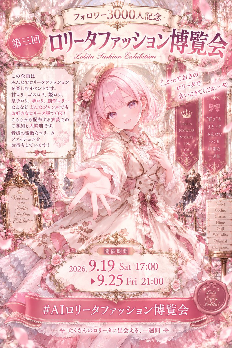 fio_mano's tweet photo. 🎀企画予告🎀
第3回ロリータファッション博覧会
 #AIロリータファッション博覧会 

期間  9/19、17時から9/25、21時まで。
詳しくは画像をみてね♡♡

3000人フォロワー達成記念でロリータファッション博覧会を開催します！
ロリータファッションなら誰でも大歓迎な企画です！ロリータファッション作るのが苦手な方の為に配布衣装もあります。
リプにプロンプトつなげておきます。
3枚目の画像が配布衣装見本です。