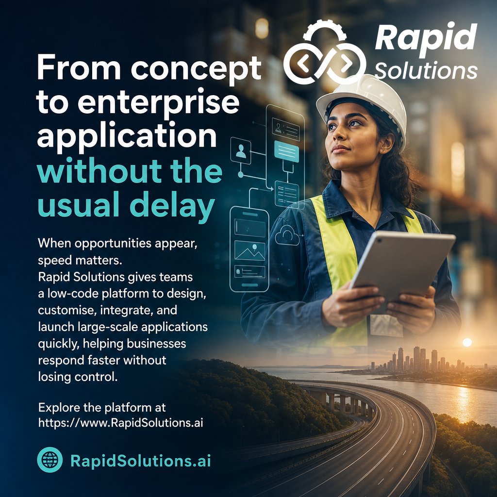 RapidSolutionsX's tweet photo. From concept to enterprise application without the usual delay

When opportunities appear, speed matters. Rapid Solutions gives teams a low-code platform to design, customise, integrate, and launch large-scale applications quickly, helping businesses respond faster without losing control. Explore the platform at https://t.co/DNupuYRhrB