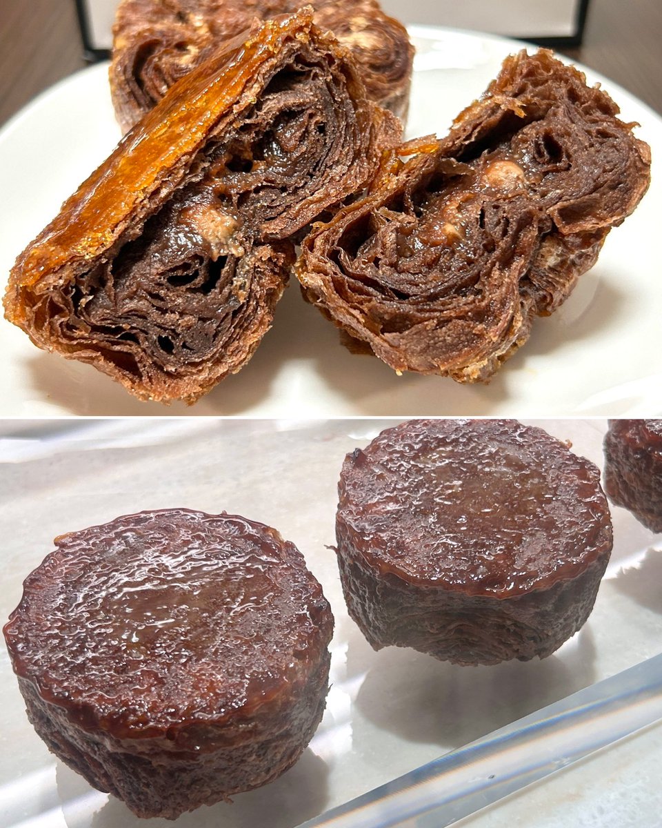 choccotte's tweet photo. 5月に、伊勢丹新宿に新しく常設したばかり、チョコレートの人気店・Seiste ( セイスト )、クイニーアマンのショコラがあって、濃厚で甘くて凄すぎるお菓子😊￼🍫

休日の夕方に伊勢丹に行ってみると、珍しくあった感じと、9/17からの日本橋三越のフランス展でも登場する、ロングセラーとも言える人気なクイニーアマンショコラ🧁🇫🇷✨

中はとろけるショコラと甘々なジャンドゥーヤ( ナッツチョコ )、生地もショコラで驚くほどチョコ全開🥰

さらに、表面には甘いキャラメリゼで、半端じゃない美味しさ、凄すぎるアマン🍯🍪
