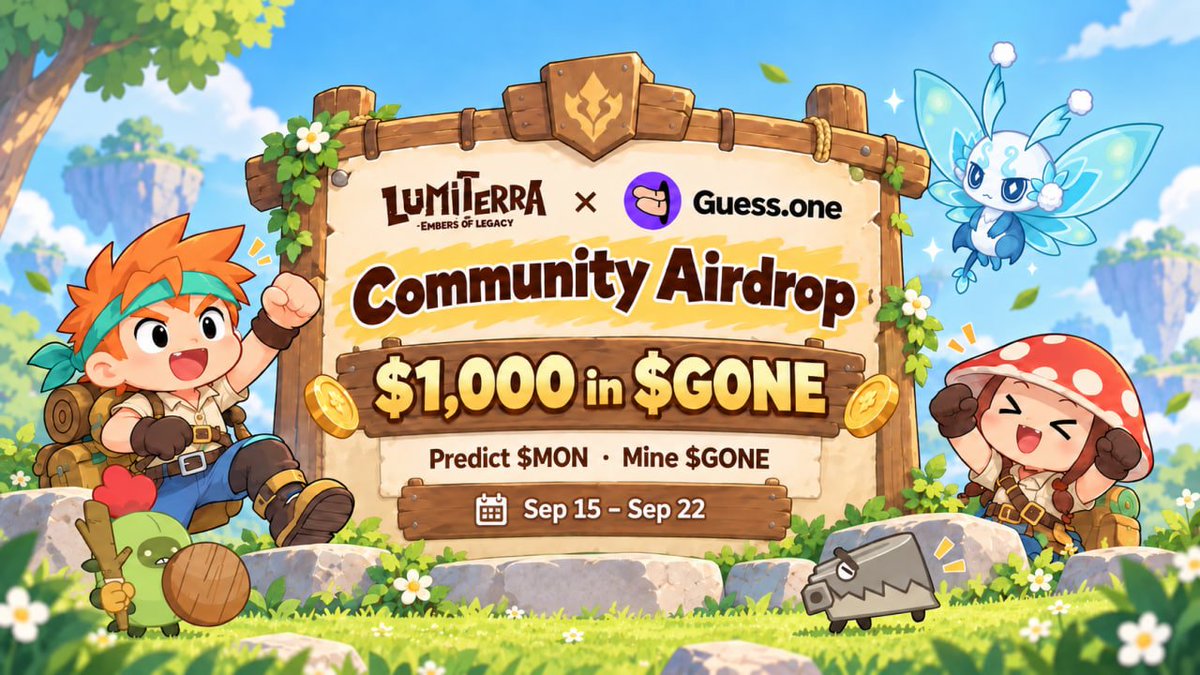 LumiterraGame's tweet photo. Lumiterra is stepping into Guess One 👀

@guess_dot_one, the second Fair Launch project from @LeverUp_xyz, is now live on Monad ✨

Lumiterra players are invited to join the $GONE Community Airdrop campaign.

Predict $MON. Mine $GONE. Earn your share.

Get  invitation code in Discord 👇
https://t.co/bZplZLfVug