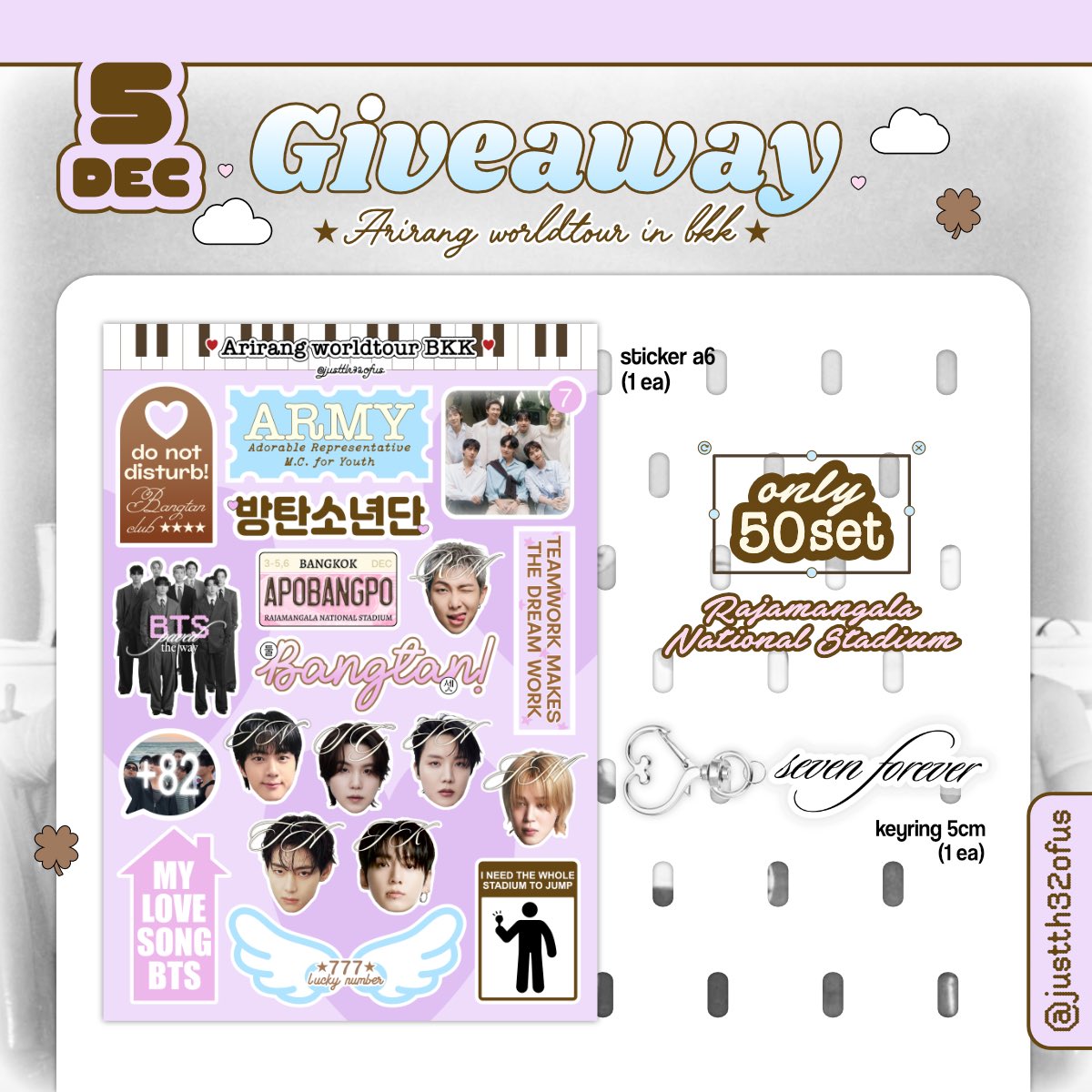 justth32ofus's tweet photo. ♡゚゚゚̥̥̊ please kindly rt 🎐

Giveaway for only Thai army ݁𓈒ּּ݂݂𓏶݁𐄑𓈒
@ Rajamangala National Stadium
ᨳ sticker a6
ᨳ keyring 5cm

📬 date 5 December 2026 ⊹♬
available 50 set ⭑ time : tba

#BTS_ARIRANG_BANGKOK
#BTS_WORLDTOUR_BANGKOK https://t.co/K4lPcdv2uJ