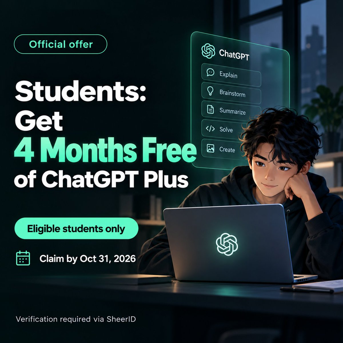 ItsDanSapo's tweet photo. Us Students: don’t pay for ChatGPT Plus before checking this.

OpenAI is currently offering eligible students 4 months of ChatGPT Plus for free.

You have until October 31, 2026 to claim it.

Student verification is required.

I’ll put the official link below.
https://t.co/TY5ORWQIql