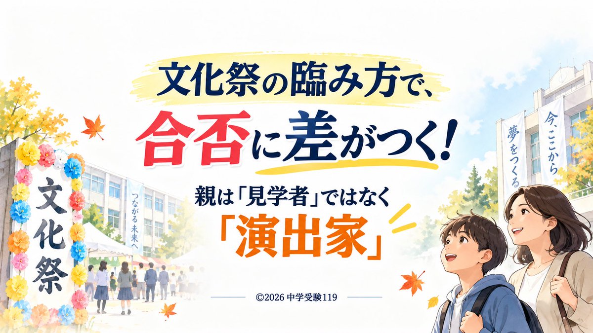 chuju119's tweet photo. 文化祭は「楽しかった」で終わらせたらダメ。

学校を見学するだけなら、子供の勉強は何も変わらない。

親の役割は「見学者」ではなく「演出家」。

文化祭を、我が子の目の色が変わる日にする。

久しぶりにnoteを書きました。
今回は「文化祭の臨み方」です。

#中学受験　#文化祭　#中学受験119
#海城　#開成　#駒東　#大妻