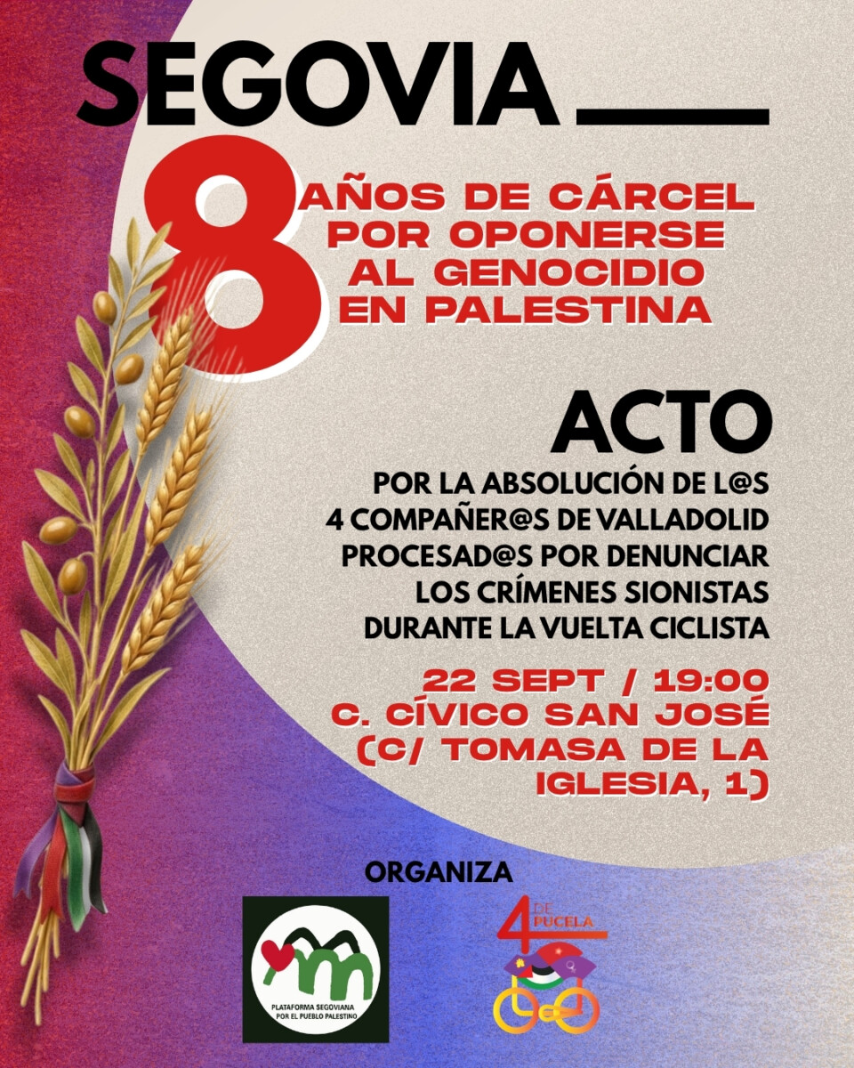 CSO_LaMolinera's tweet photo. 4 compañer@s de Valladolid se enfrentan en unas semanas a un juicio en el que Fiscalía y ACOM piden 8 años de cárcel por denunciar el genocidio durante la Vuelta. 

No son los únicos represaliad@s, pero sí los que encaran, por el momento, las penas más elevadas

Actos solidarios: https://t.co/yOcbLoUDTl