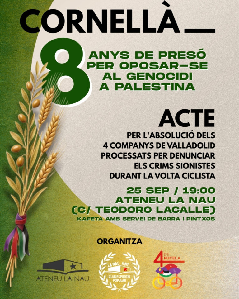 CSO_LaMolinera's tweet photo. 4 compañer@s de Valladolid se enfrentan en unas semanas a un juicio en el que Fiscalía y ACOM piden 8 años de cárcel por denunciar el genocidio durante la Vuelta. 

No son los únicos represaliad@s, pero sí los que encaran, por el momento, las penas más elevadas

Actos solidarios: https://t.co/yOcbLoUDTl