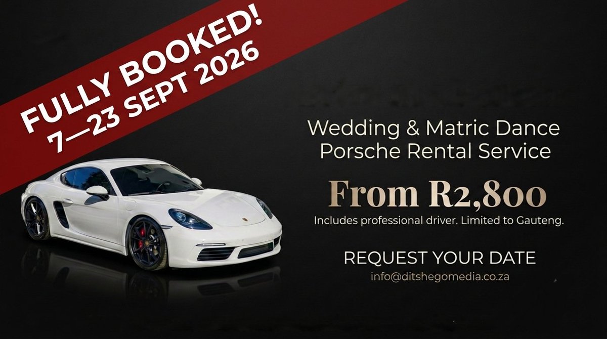 DitshegoMedia's tweet photo. It’s beautiful to see so many Moms &amp; Dads surprising their sons &amp; daughters with our premium matric dance Porsche rental service.

We're fully booked until 23 September 2026, but bookings are open for 24 September onwards.

To secure a booking email us at info@ditshegomedia.co.za https://t.co/s5qp1hCEIV